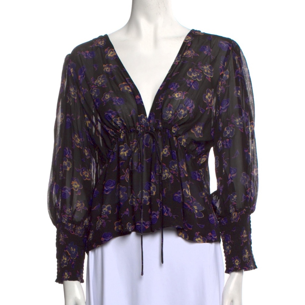 Ganni black and floral tie front top